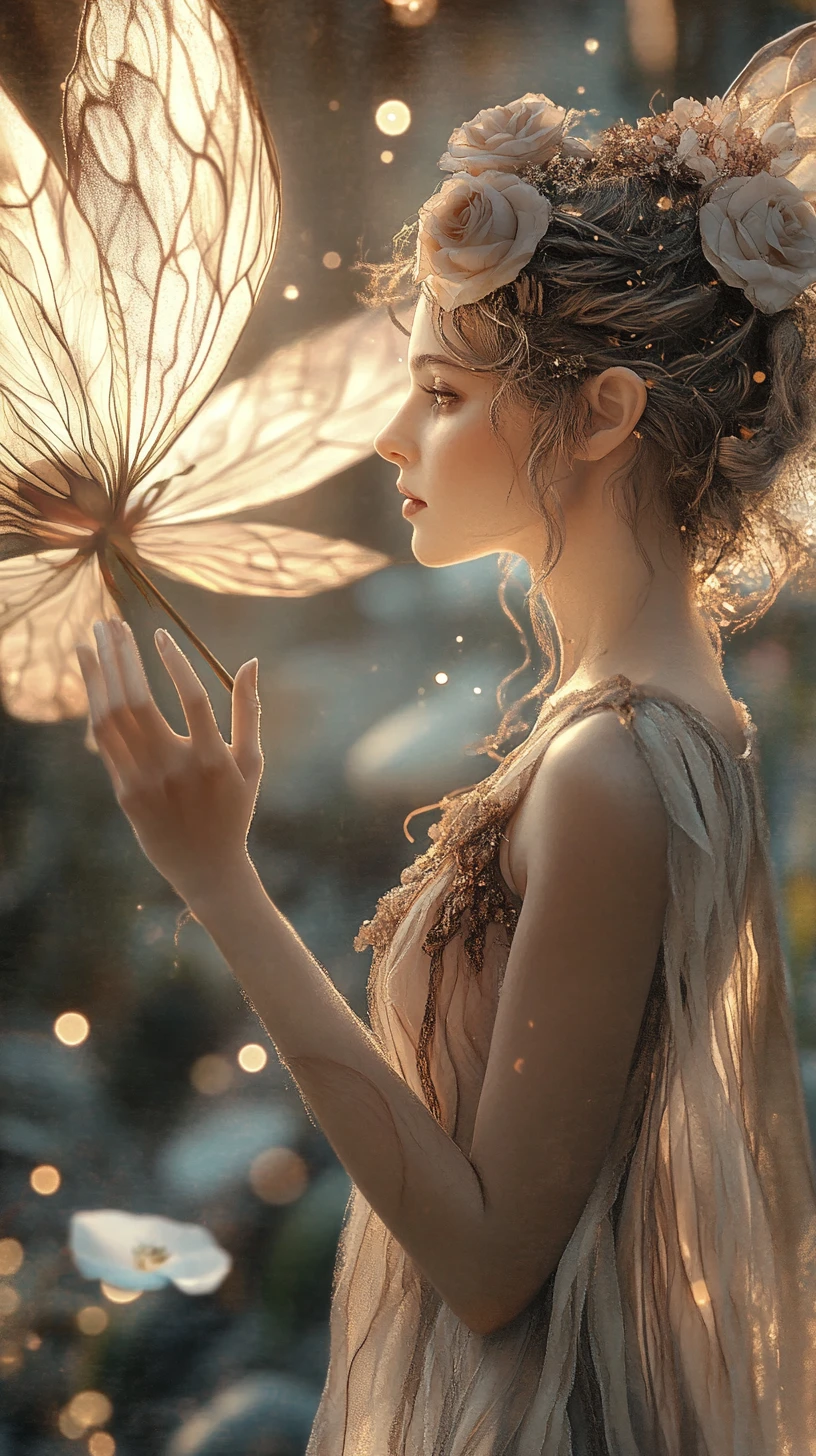 Ethereal fairy in profile reaching toward a glowing flower