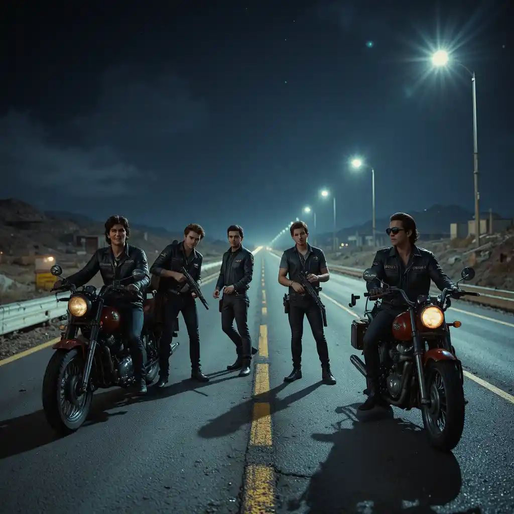 Biker gang on a night highway preparing for battle
