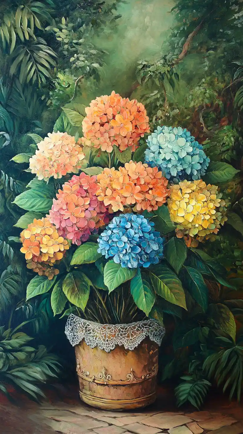 Floral hydrangea bouquet oil painting with jungle background