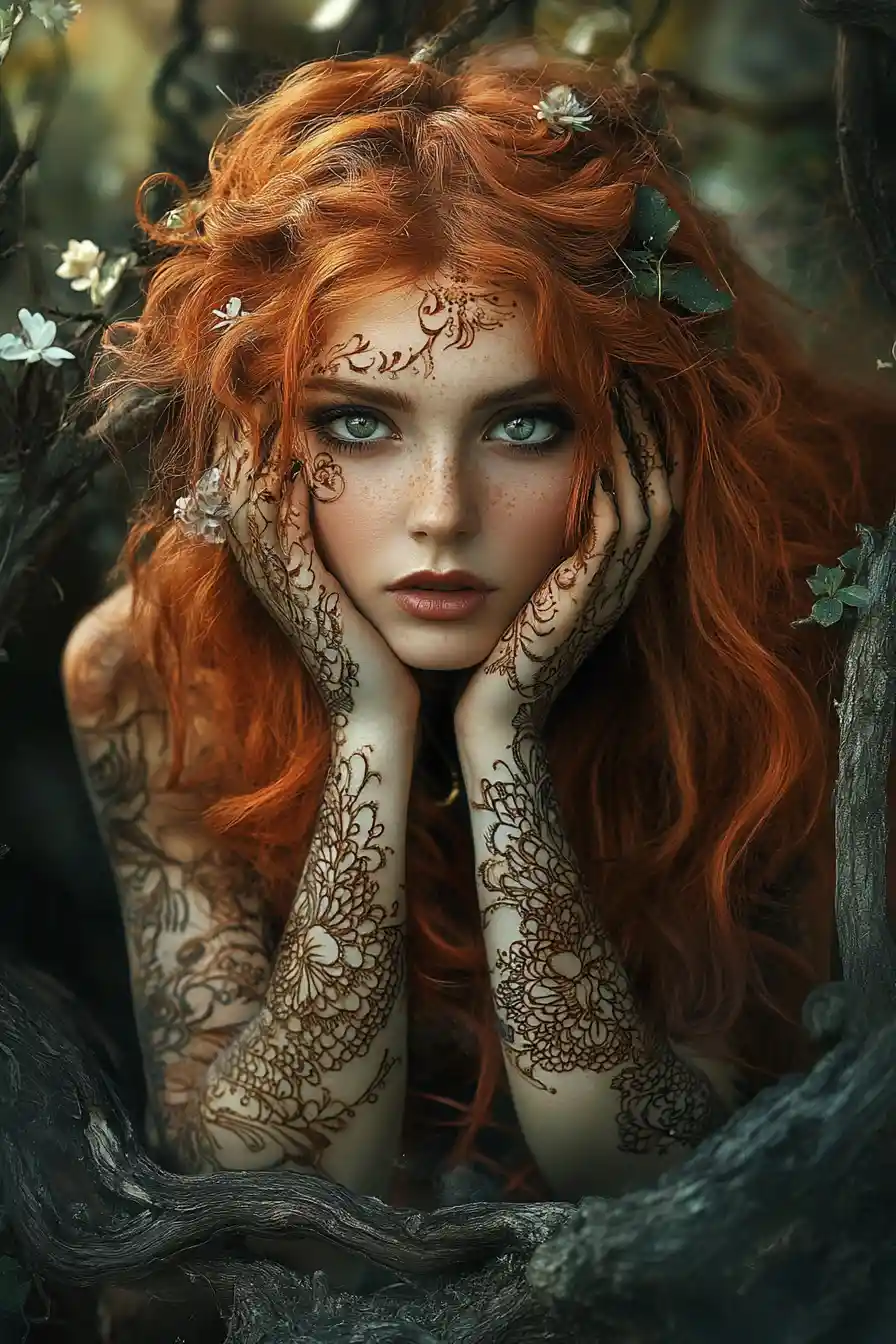 Mystical woman with henna tattoos in an enchanted forest