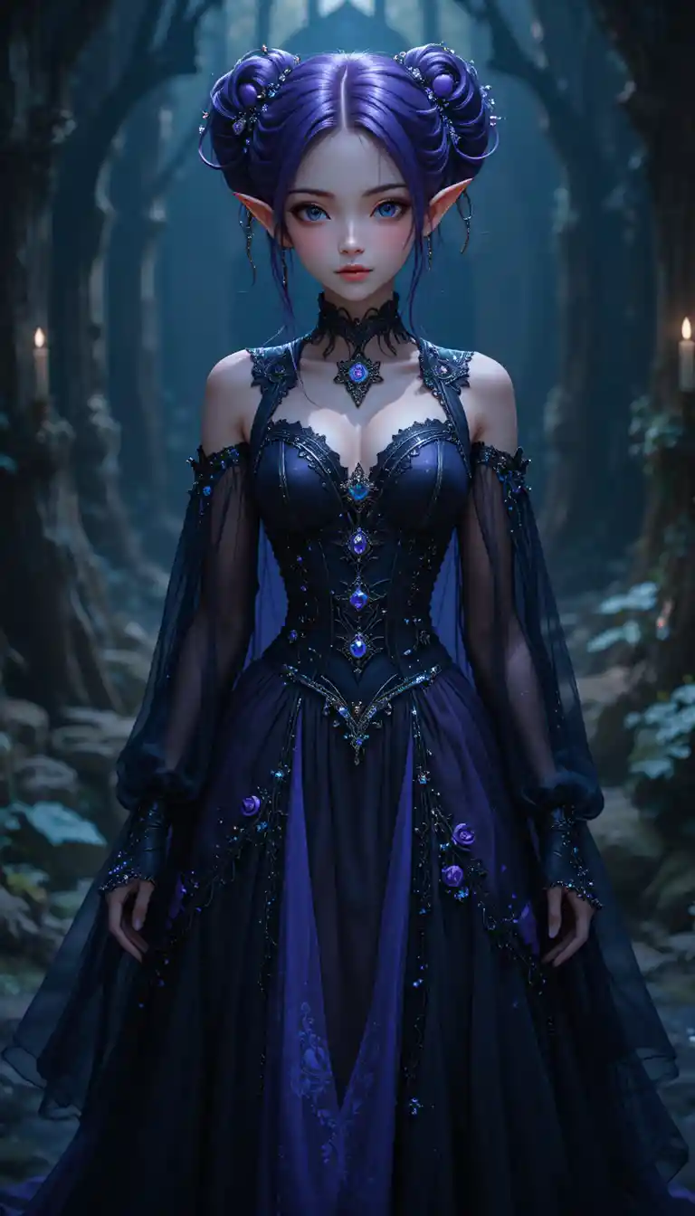 Dark fairy elf girl in layered violet and black gown