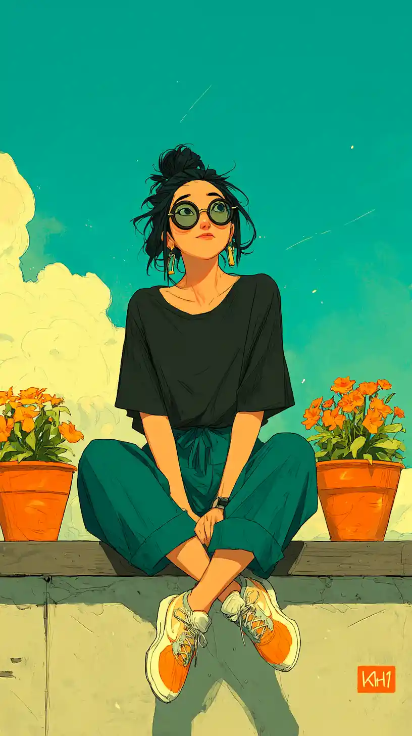 Relaxed girl on balcony wall under calm blue sky