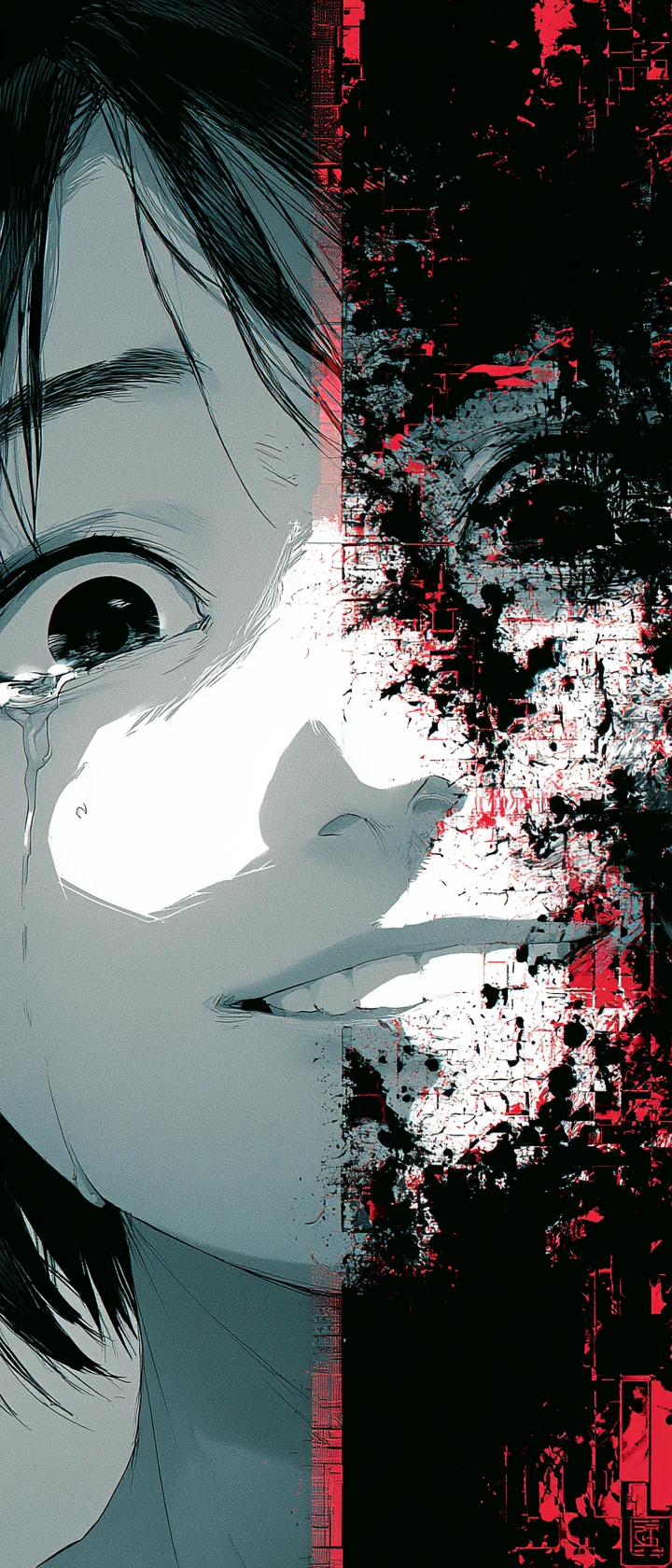 Split anime portrait of a girl smiling through tears