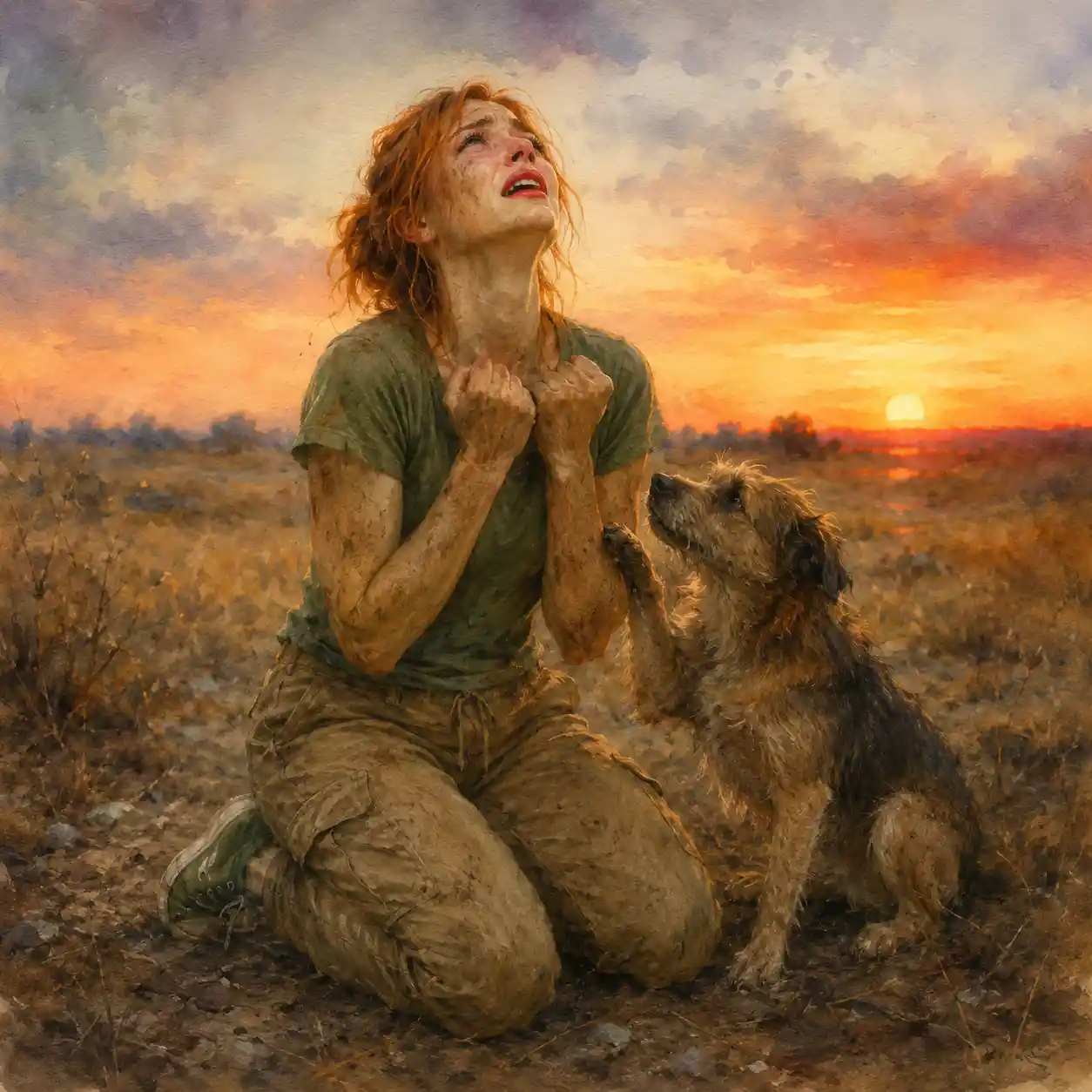 Desperate young woman kneeling in dry field at sunset