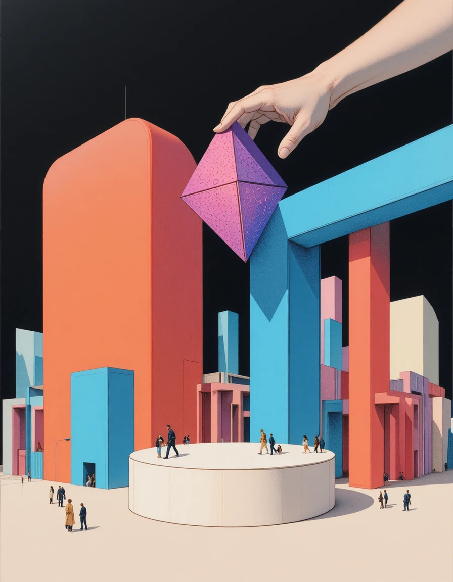 Hand placing colorful prism among bold geometric blocks