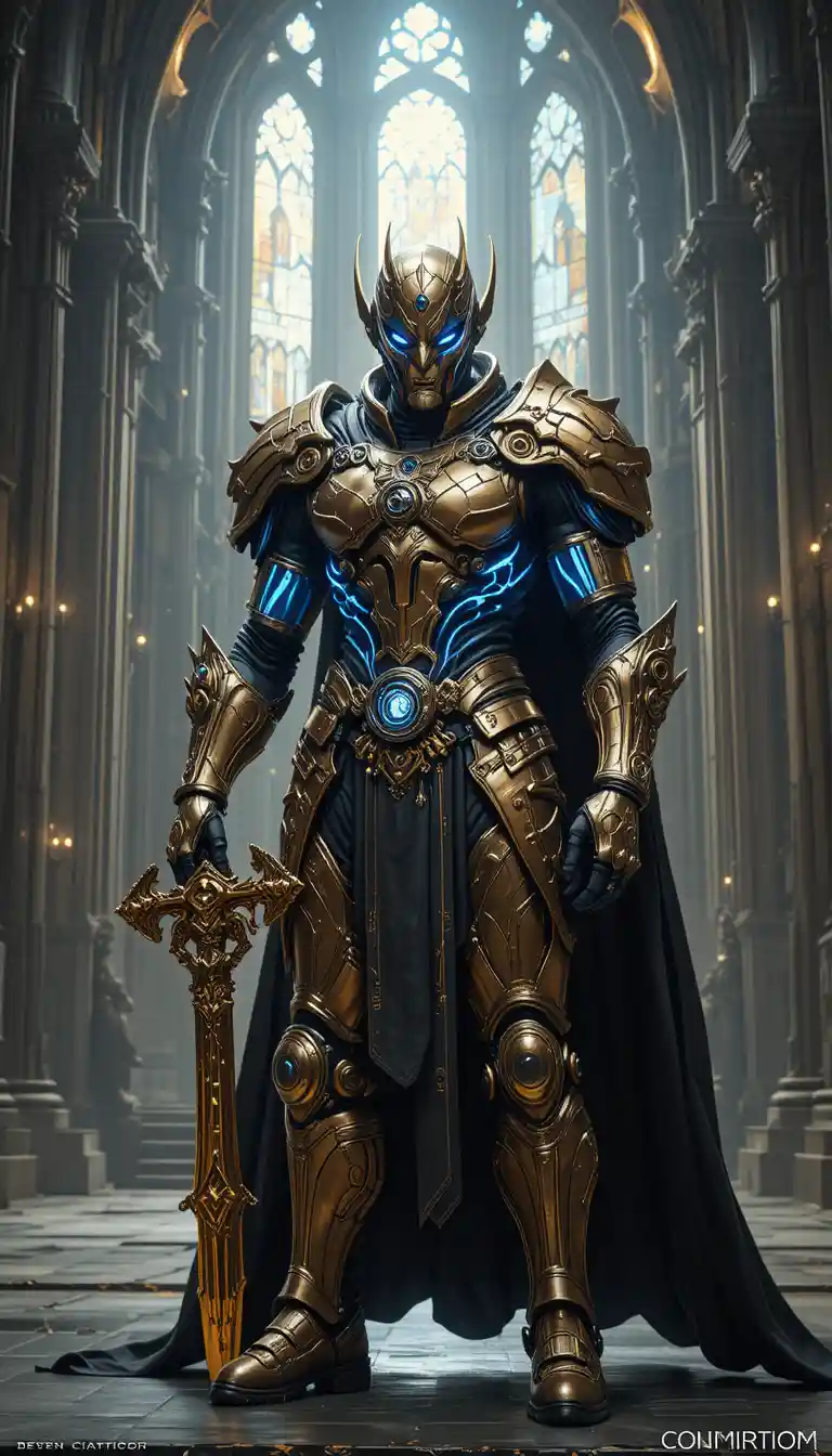 Armored warrior with glowing sword in gothic cathedral