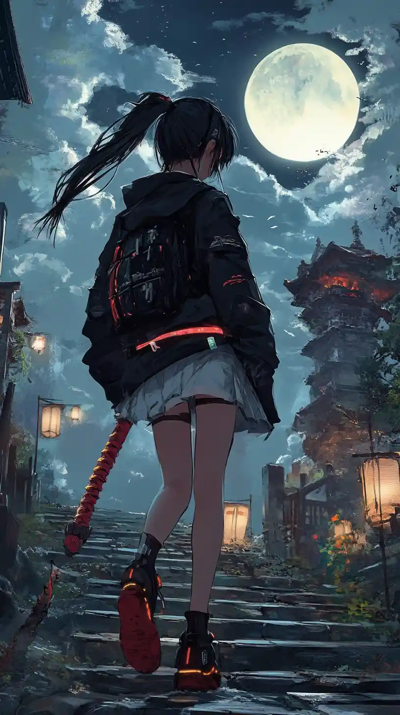 Girl walking up stone stairs under a half moon