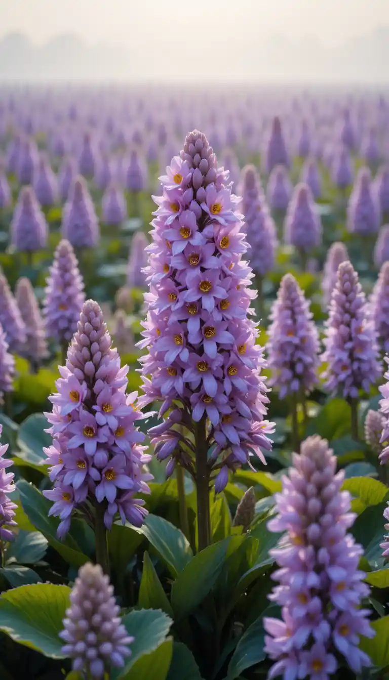 Lavender water hyacinth blossoms in a tranquil wetland