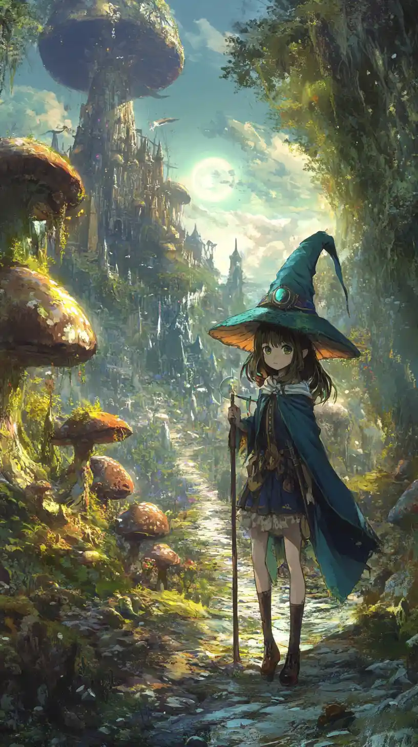 Fantasy forest path leading to a distant ruined castle