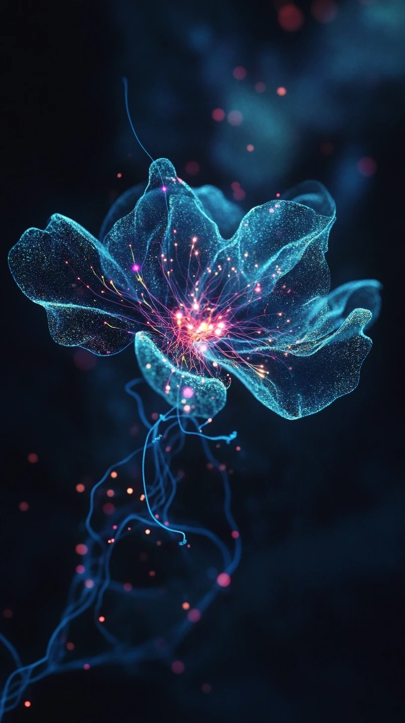 Glowing data flowers forming an organic luminous network