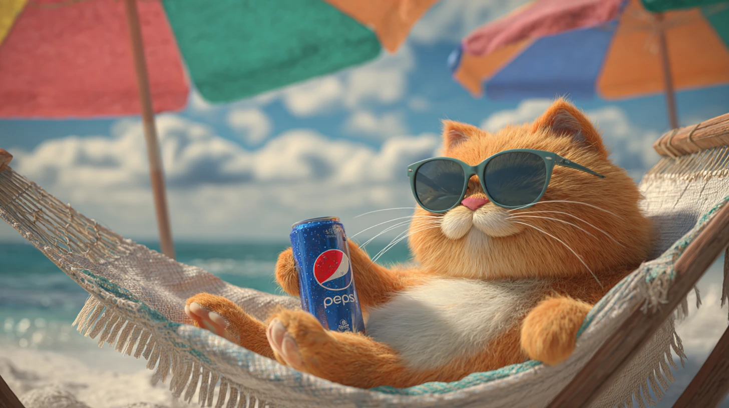 Relaxed 3D orange cat lounging in a beach hammock
