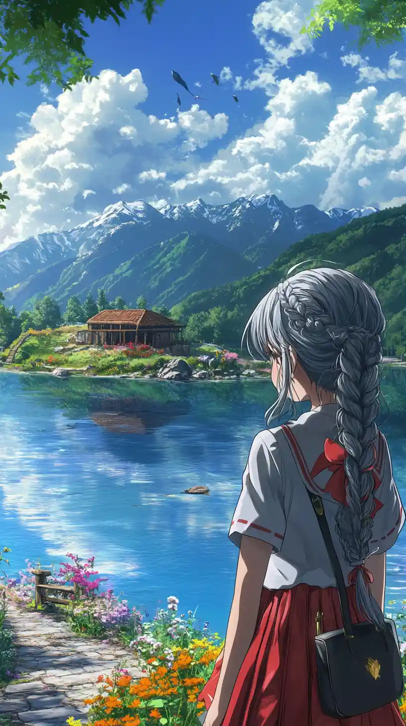Serene mountain lake with island ruins and stone wall