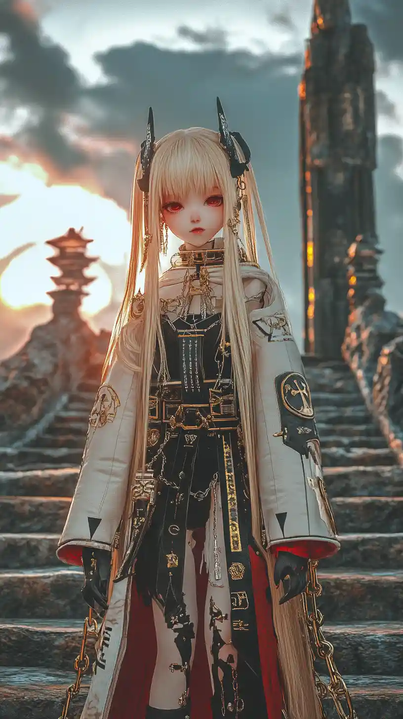 Anime girl in ornate outfit on stone evening stairs