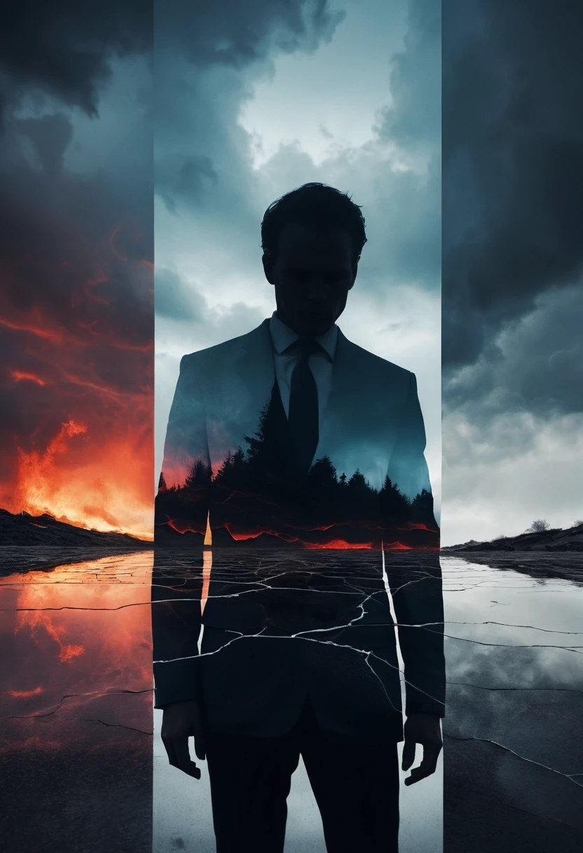 Lone figure before fractured mirror with inner storm glow