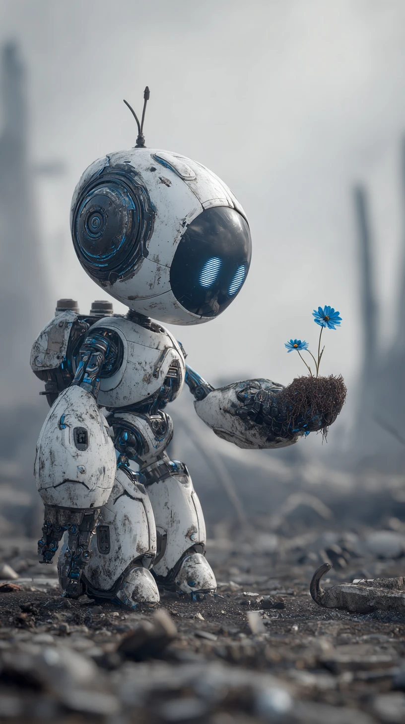 Robot holding a blue flower in a ruined wasteland