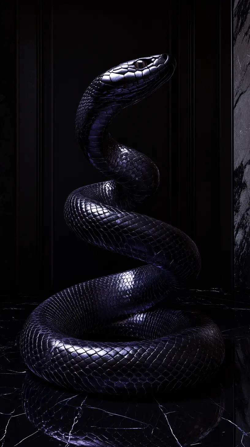 Black serpent coiled on reflective floor in gothic interior