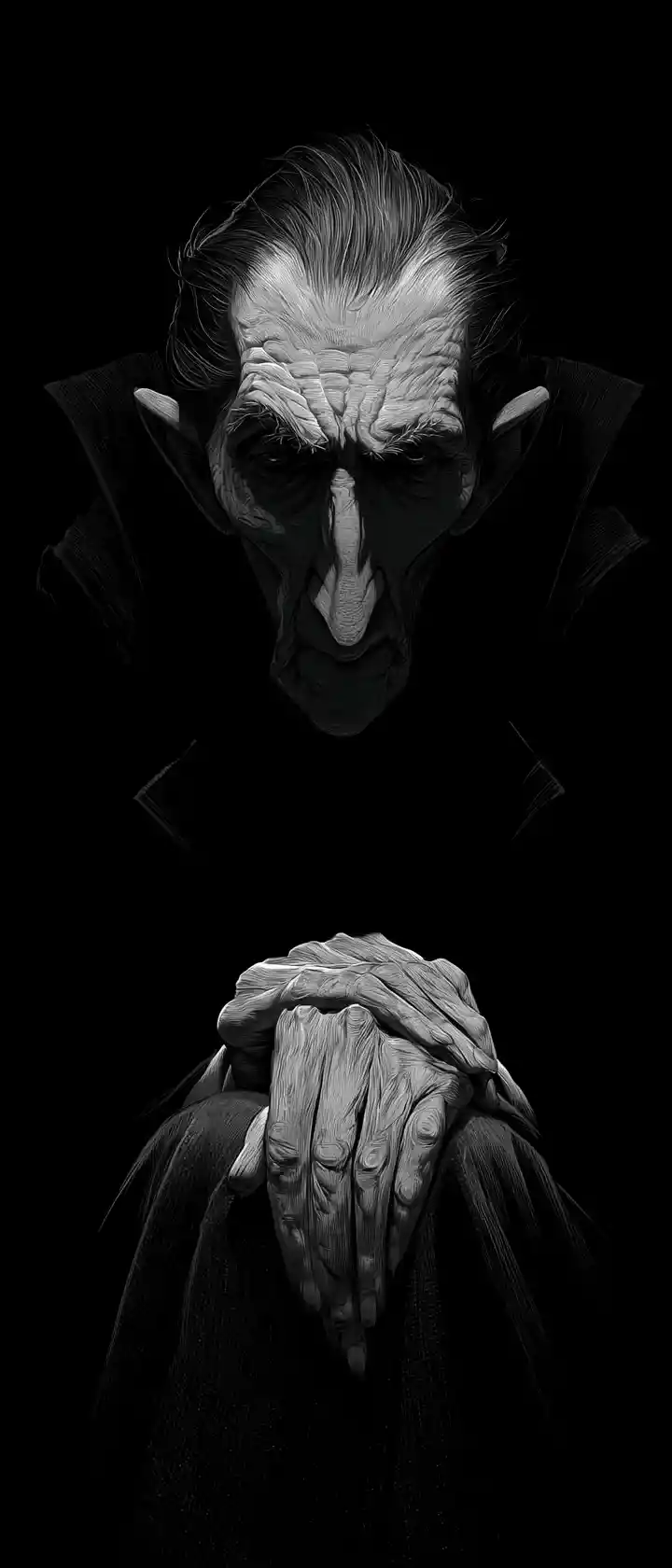 Weary vampire portrait with shadowed face and worn hands