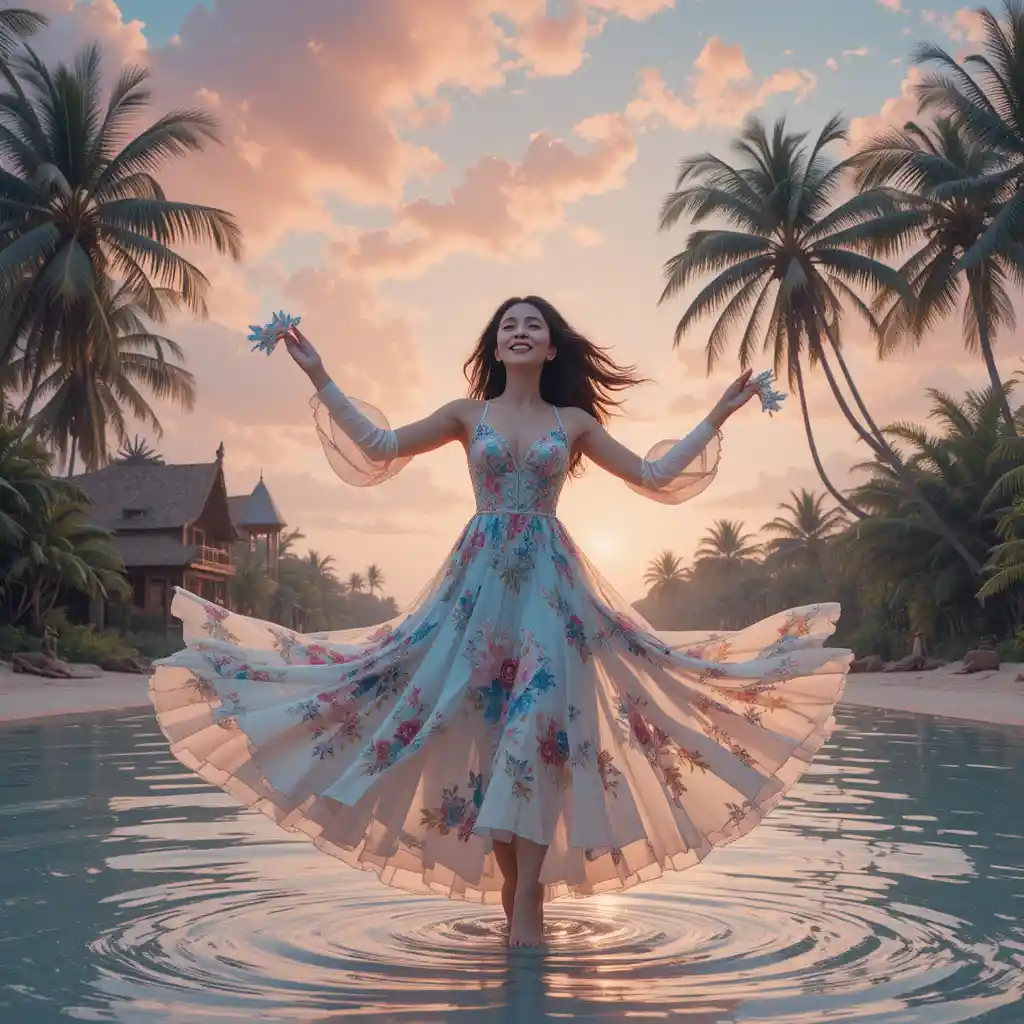 Joyful woman dancing in a glowing pink and blue sky
