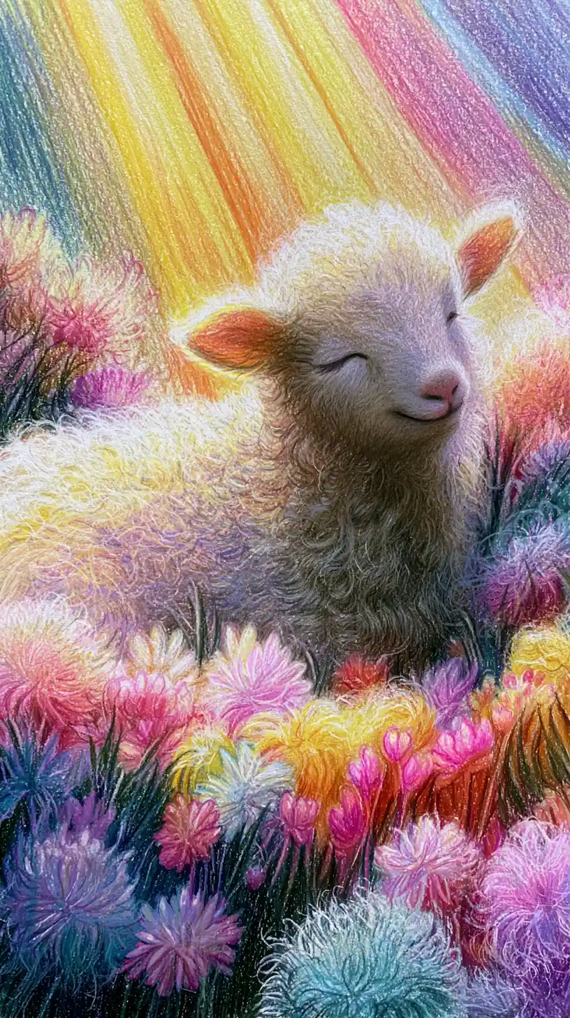 Fluffy sheep in a pastel meadow with dreamy sunlight