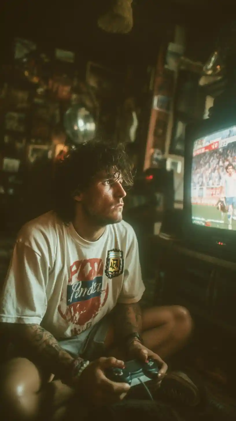 Man playing console game on crt tv in bedroom