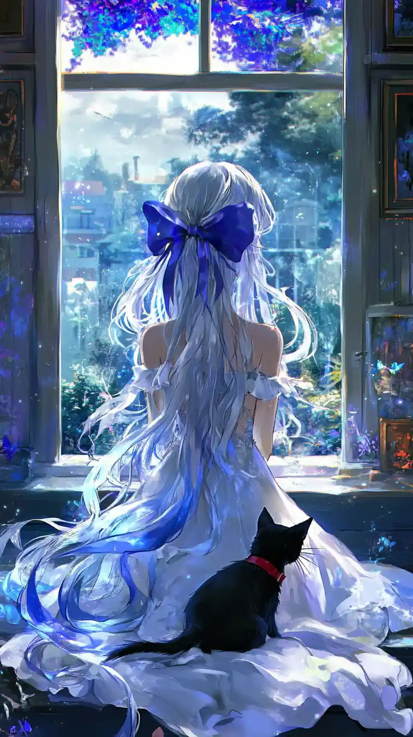 Anime-Mädchen in verbranntem Schneeflockenkleid mit geisterhaft blauen Augen