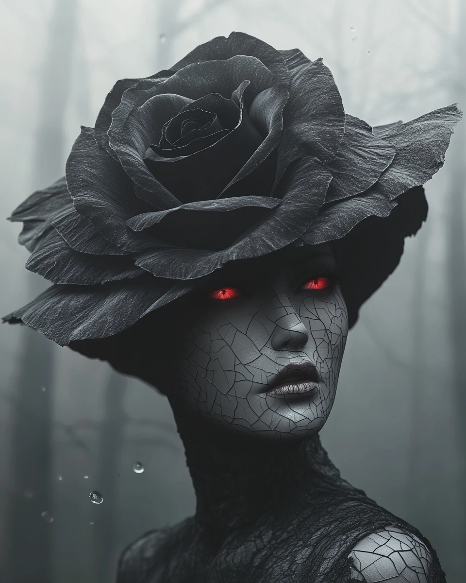 Surreal woman with black rose hat and glowing red eyes