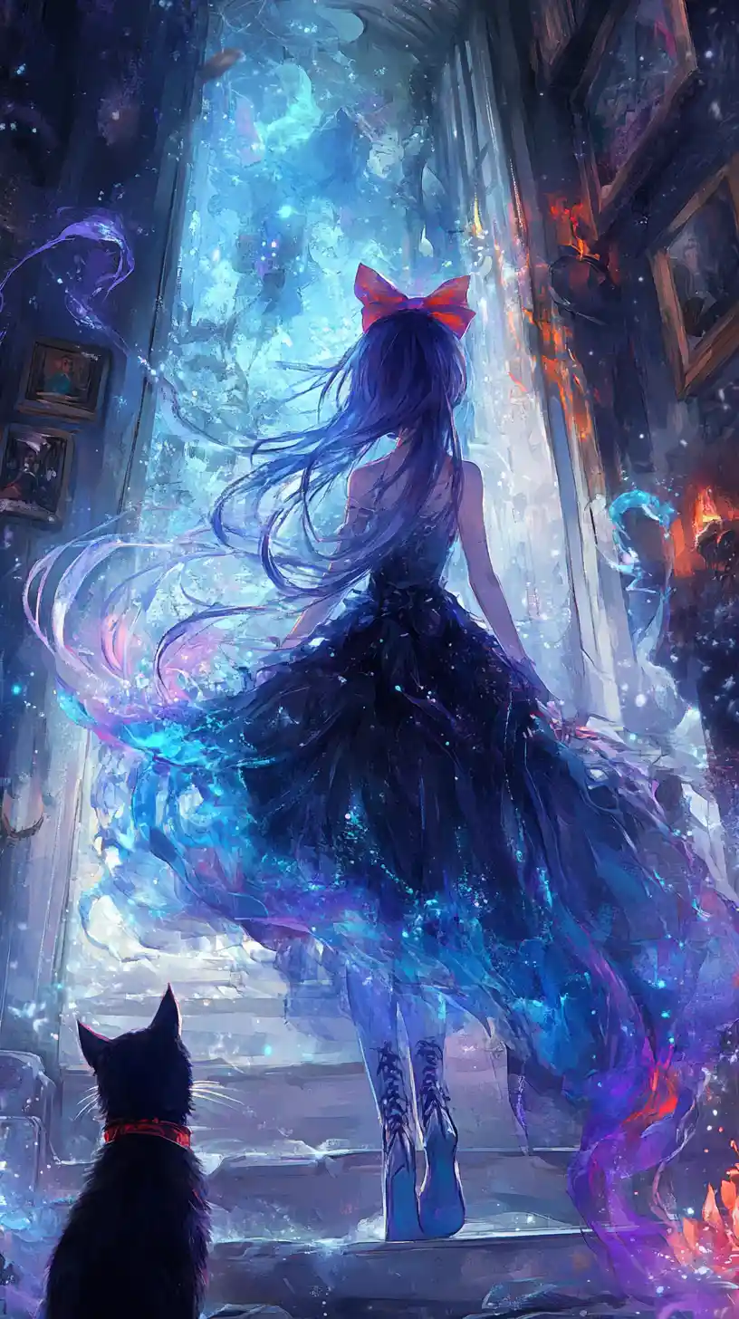 Anime girl in a burnt snowflake dress on old house stairs