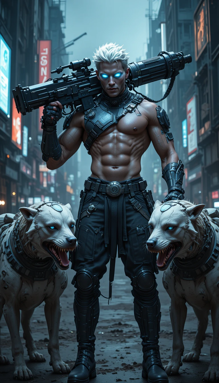 White haired cyber warrior with robotic dogs in ruined city