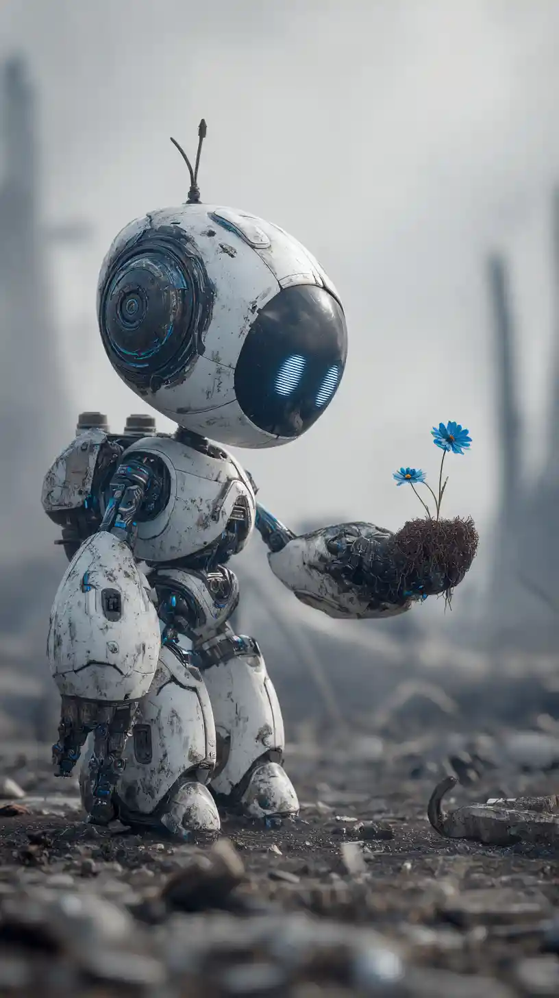 Robot holding a blue flower in a ruined wasteland