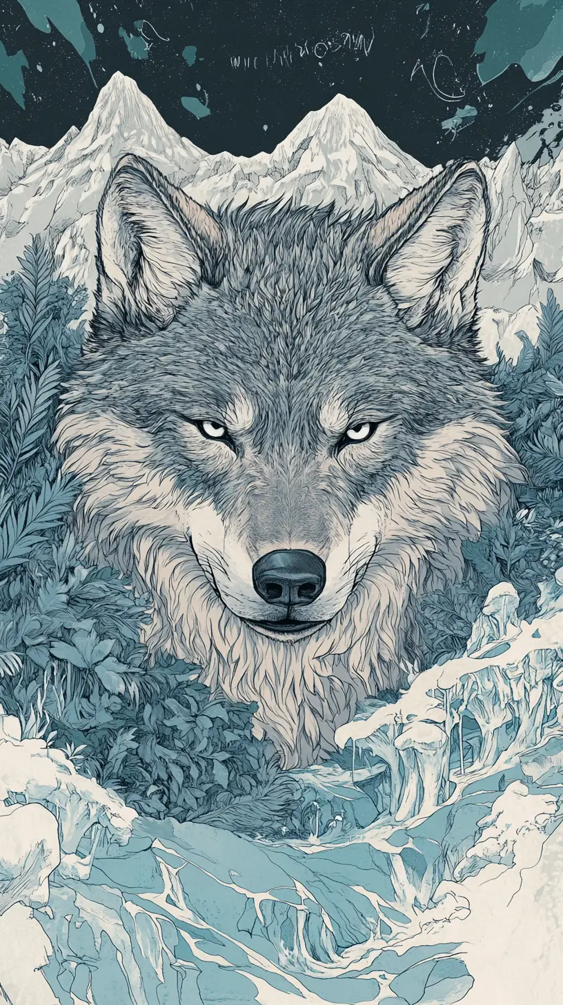 Powerful wolf illustration in a dramatic mountain landscape