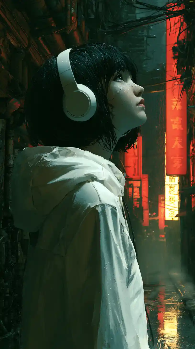 Anime woman in neon lit rainy alley looking at the sky