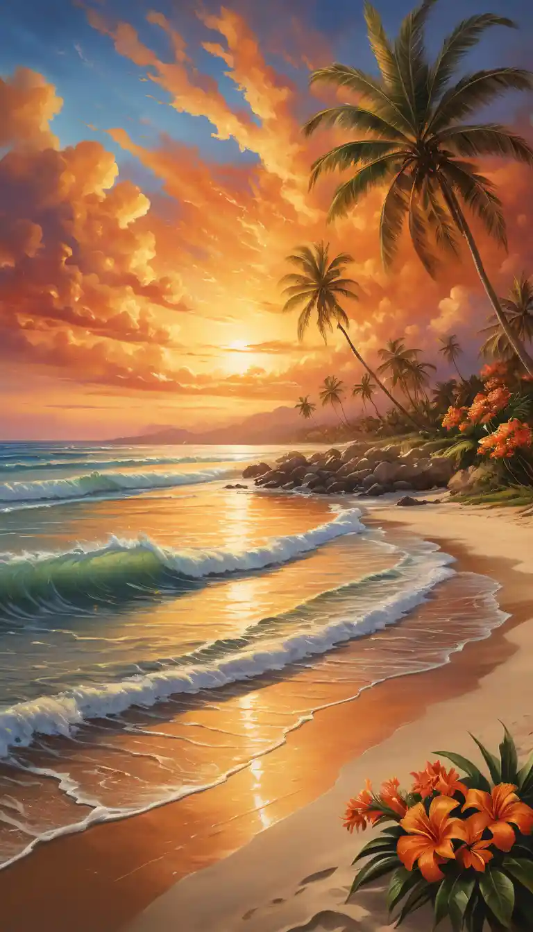 Vibrant tropical beach at sunset with glowing waves