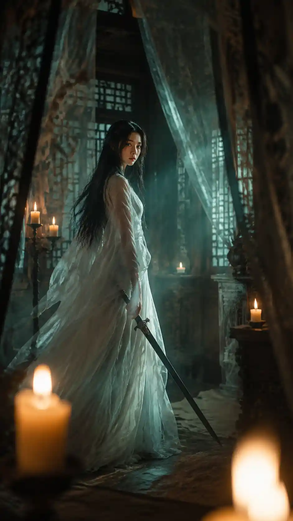 Mysterious swordswoman in white hanfu in candlelit chamber