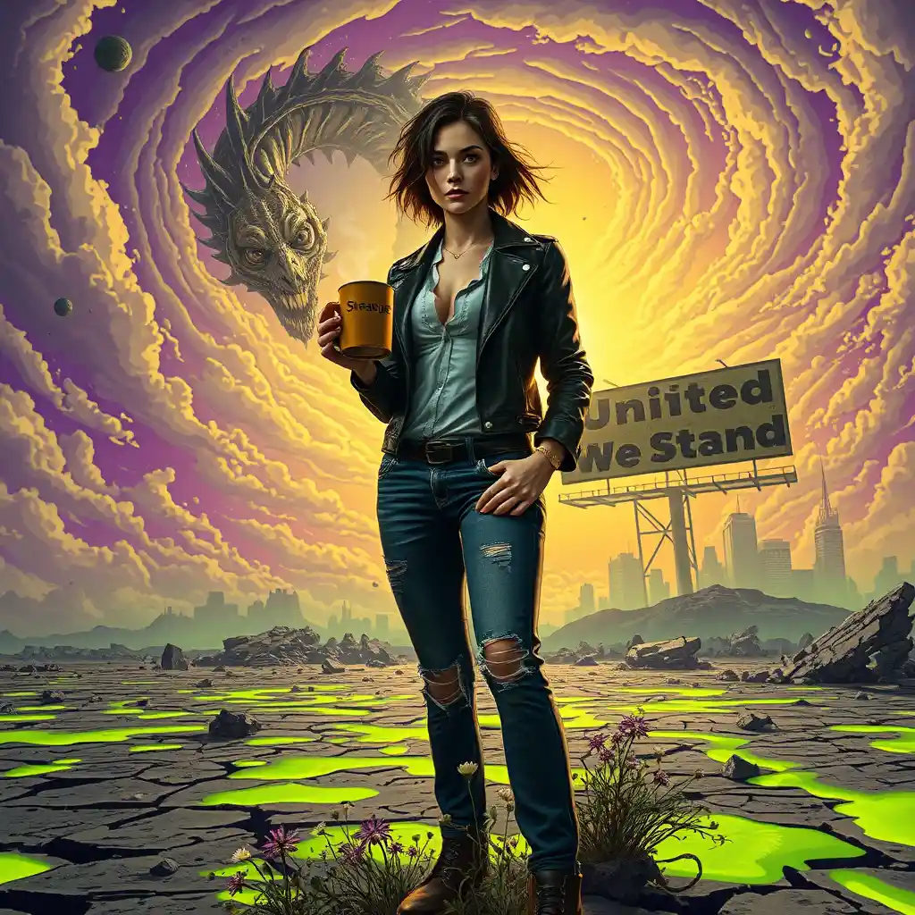 Defiant woman standing in a surreal ruined wasteland