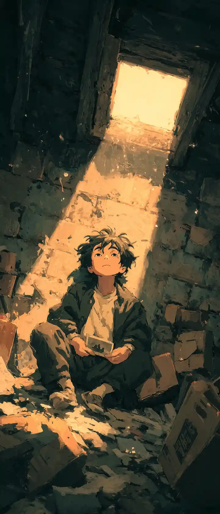 Boy in a dusty attic holding a faded photograph
