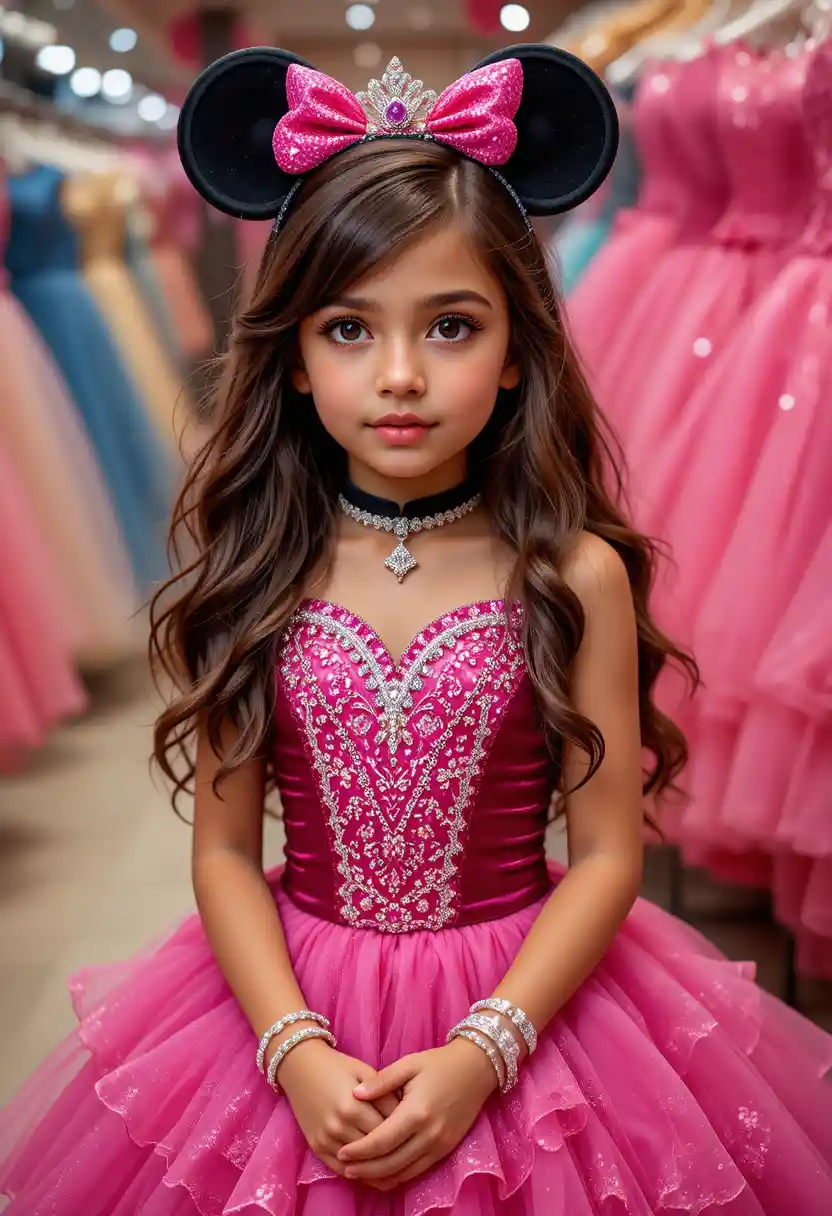 Young girl in pink Minnie dress at boutique