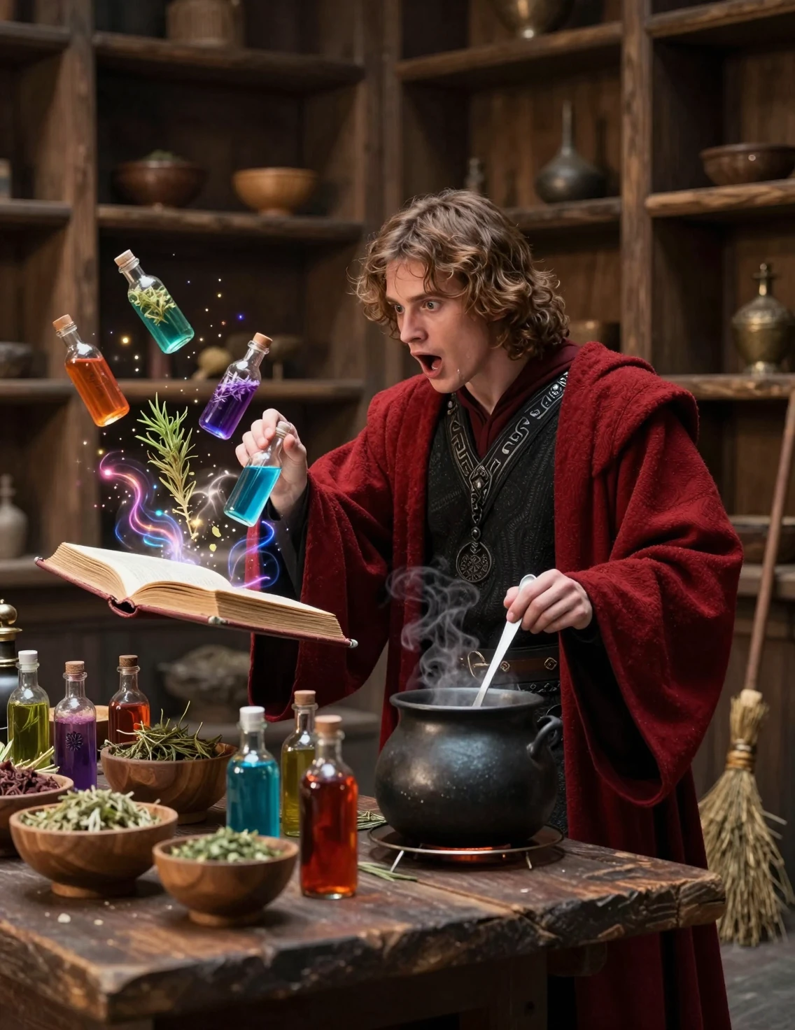 Young man in red jedi robe watching floating magic objects
