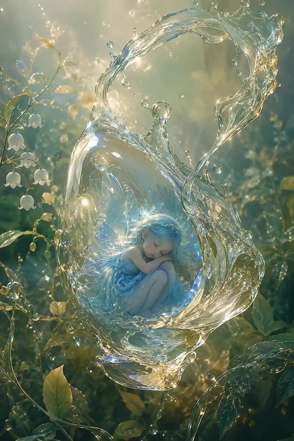 Sleeping blue fairy floating inside swirling liquid form