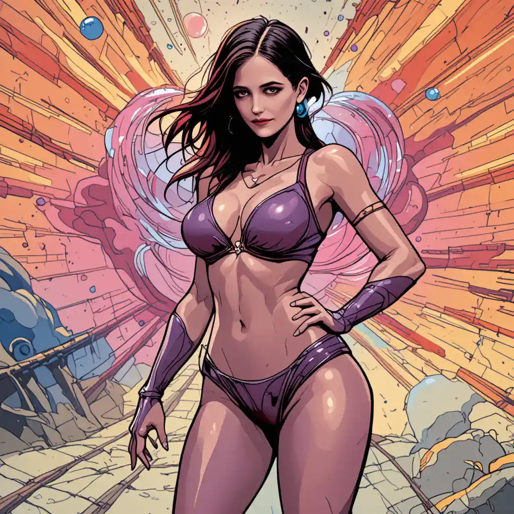 Curvy space heroine in a bold futuristic comic style