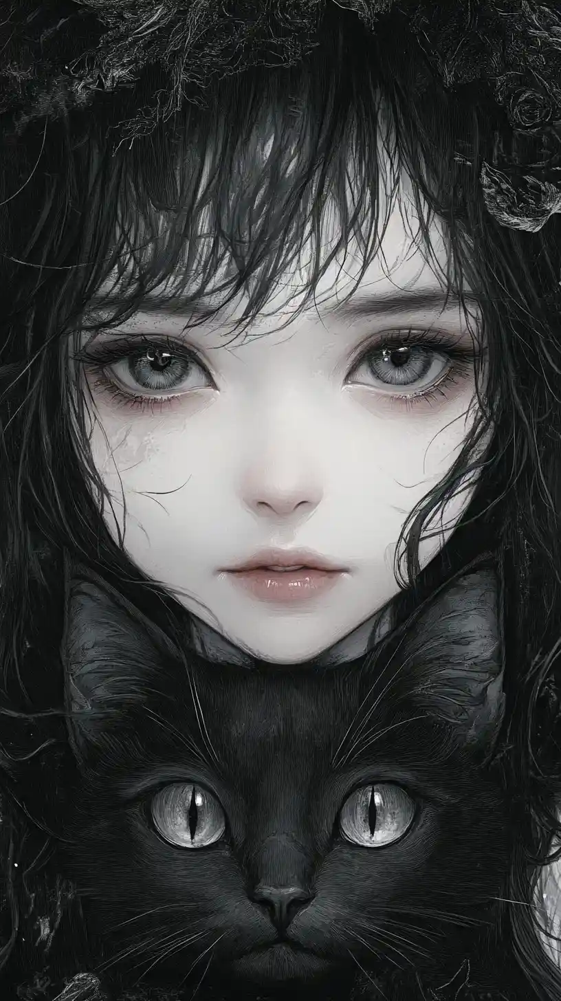 Gothic anime girl with hidden overlapping face and cat
