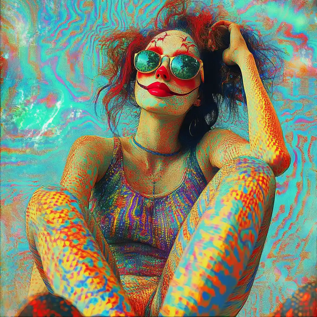 Mystical female clown with glowing abstract gemlike background
