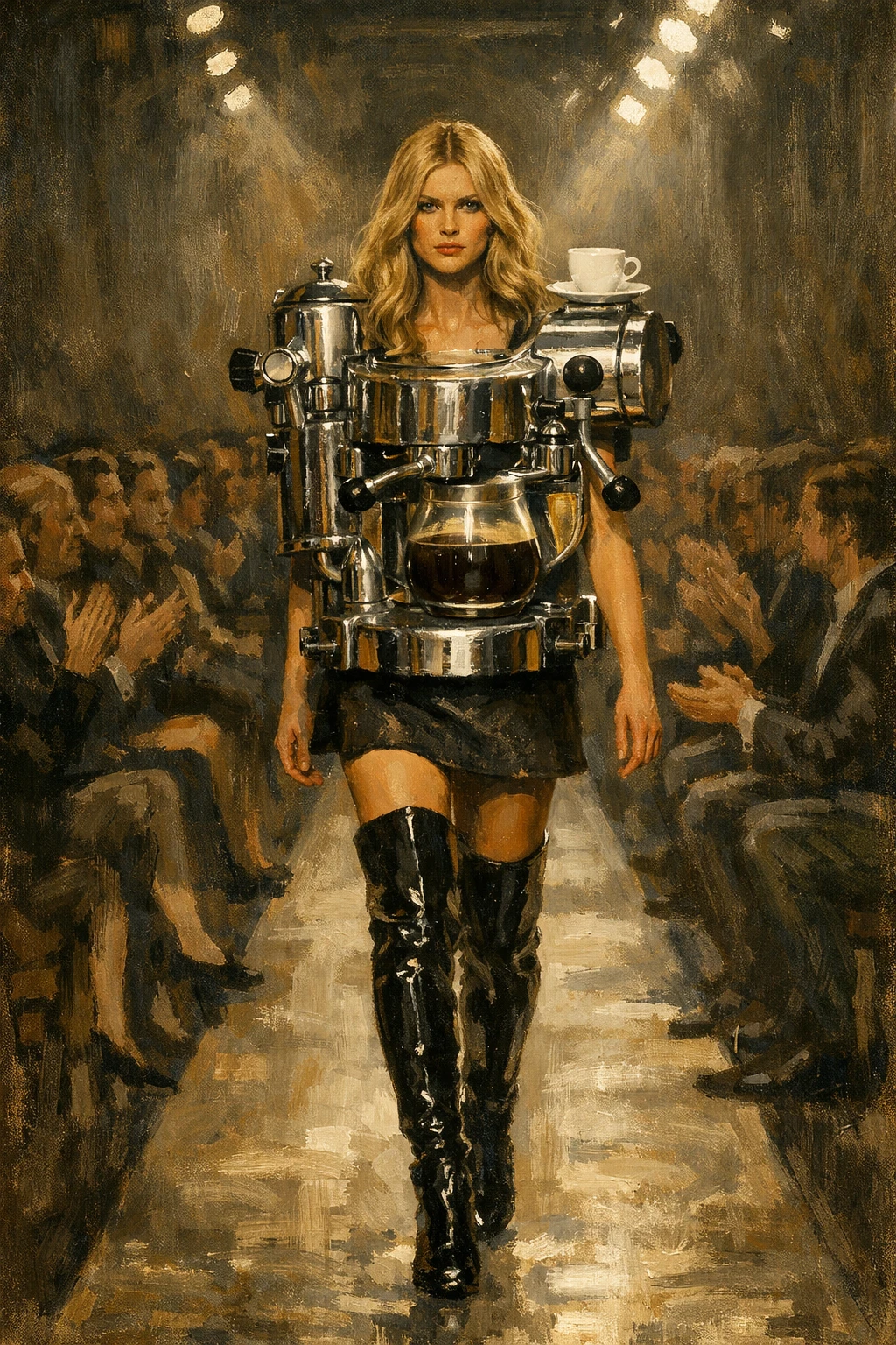 Surreales Laufstegmodel in Chrom-Espressomaschinen-Couture