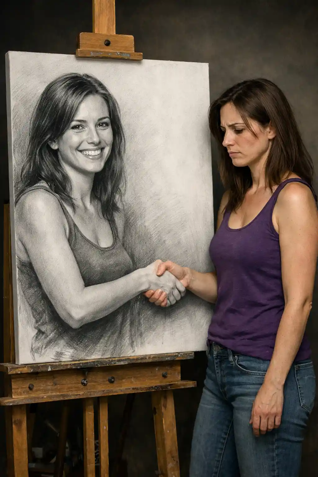 Sad woman beside her happy self portrait in a studio