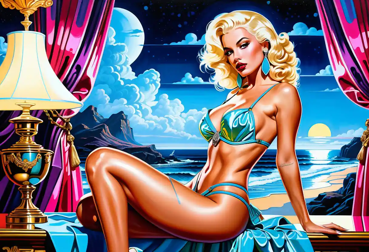 Neon lit fashion woman in baroque inspired digital painting