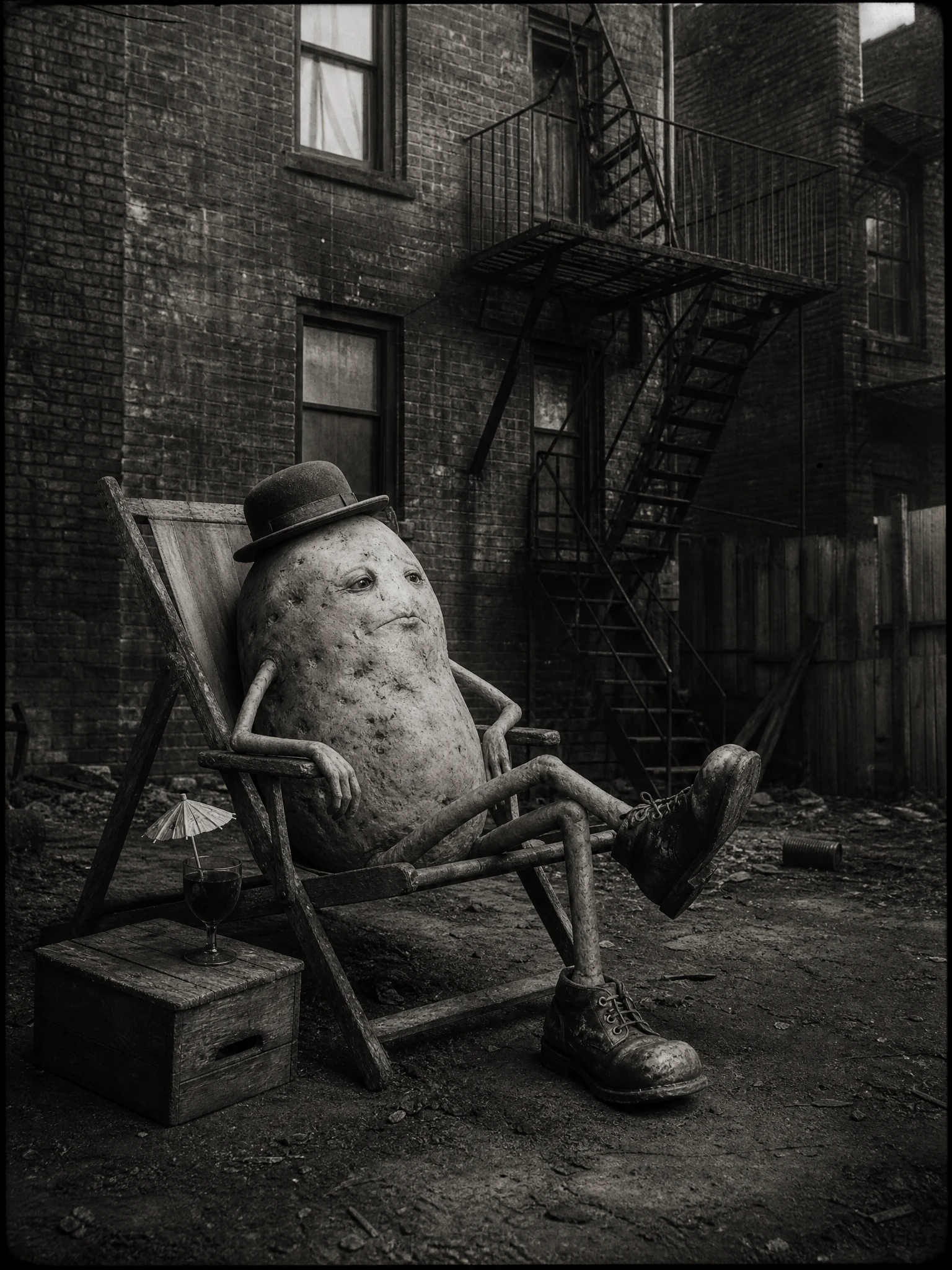 Melancholic potato figure in a vintage backyard scene