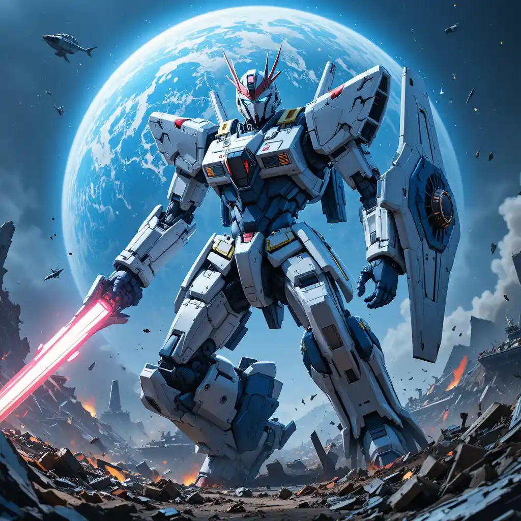 Heroic white mecha rising on ruined space battlefield