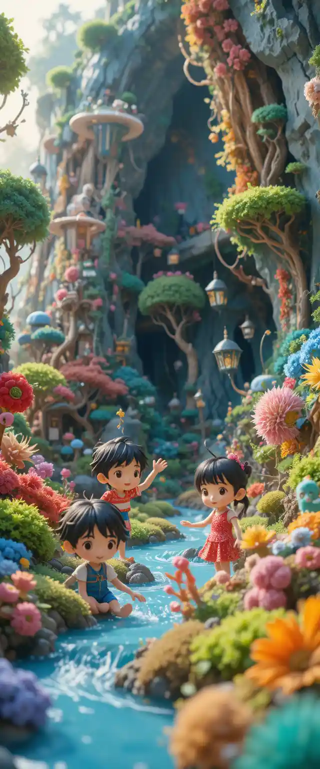 Cute 3D children exploring a colorful fantasy world