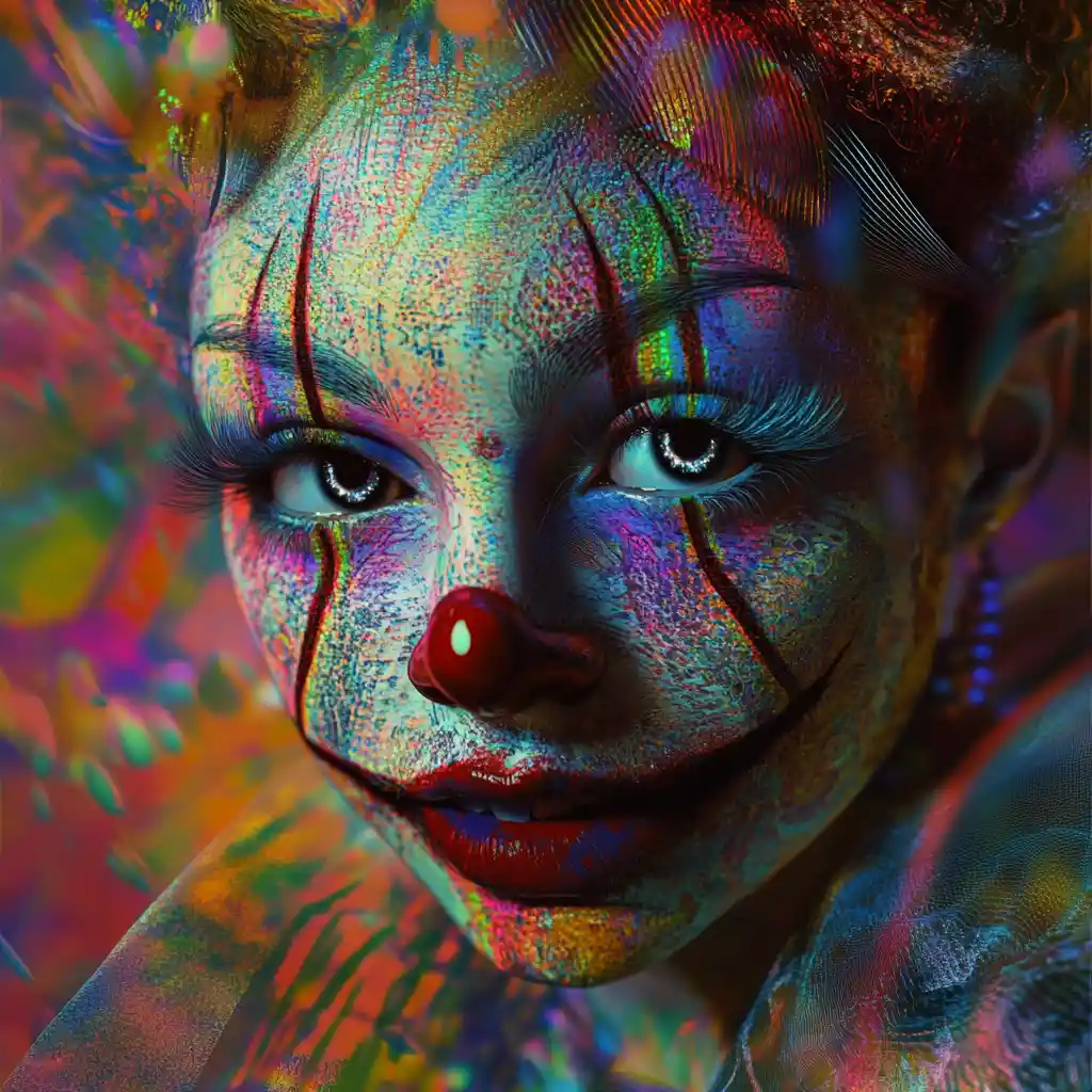 Mystic fantasy woman clown with glowing abstract spectrum background