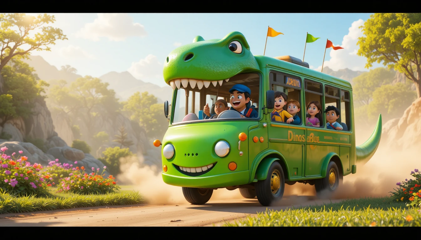 Friendly T Rex Sneezing Beside A Playful Green Bus