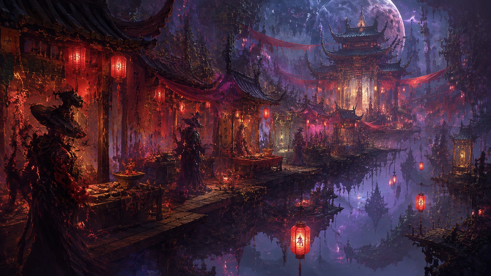 Floating night market with crimson lanterns in the sky